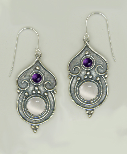 Sterling Silver Gothic Inspired Drop Dangle Earrings With White Moonstone And Amethyst